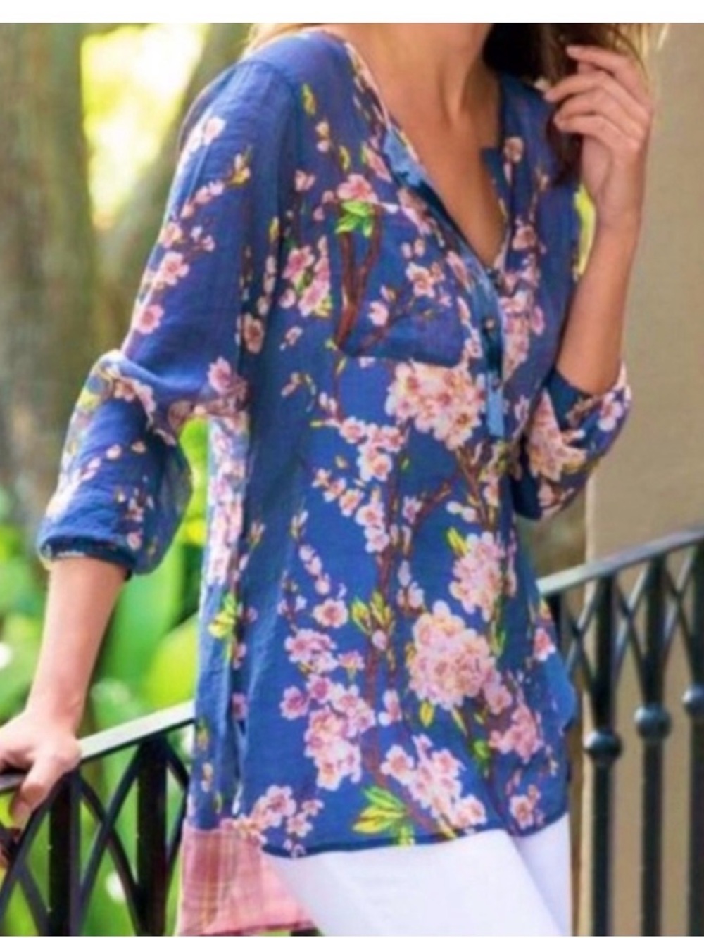 Soft Surroundings Adele Floral Tunic Blue Sheer Velvet Trim Top L cottagecore